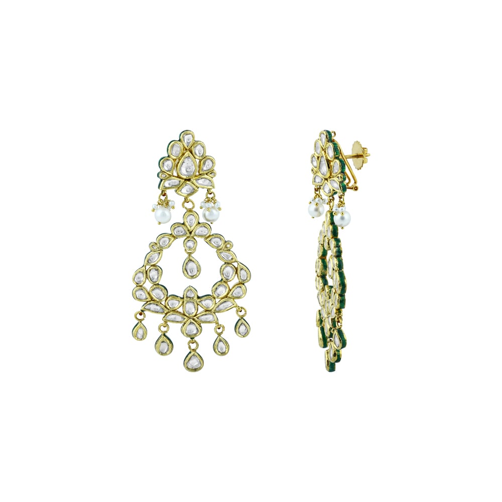 Polki Chandelier Earrings with Teardrops and Pearls